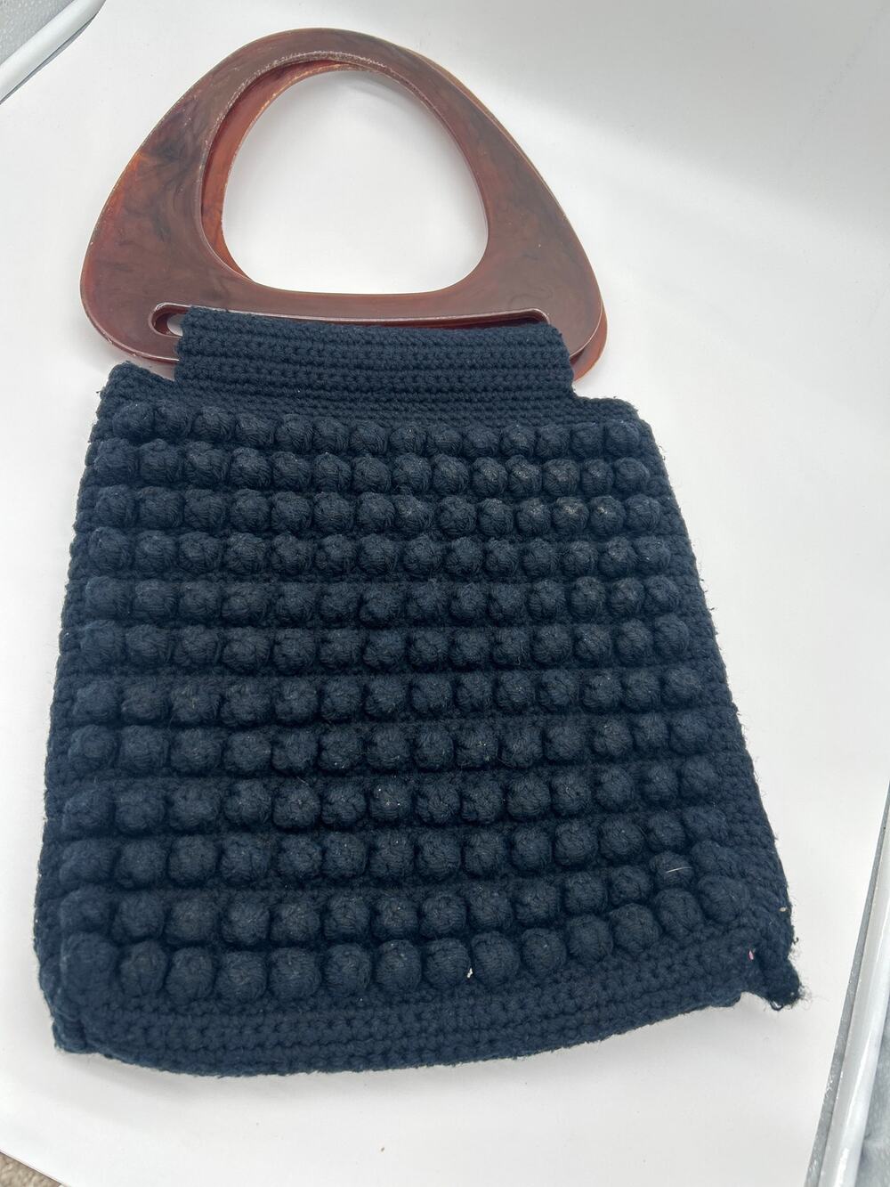 Vintage Crochet Bobble Handbag Wooden Look Plastic Handle Black Purse Boho Retro